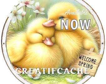 Spring Ducklings PNG Round Sublimation Digital Printable Wreath Decoration DIY Spring Crafts Wreath Sign Transfer Metal Sign Commercial