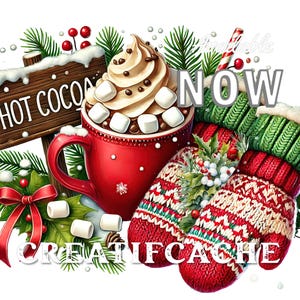 Hot Cocoa Handschuhe PNG Sublimation Stoff Transfer Decoupage Weihnachten Handwerk Eisen auf Digital Download Schild Herstellung Kommerzielle Nutzung Holzbearbeitung