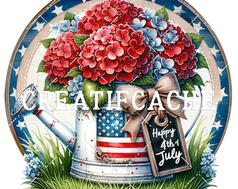 Round 4th of July Watering Can Red Geraniums Patriotic American Farmhouse Garden Watering Can Home Decor PNG Sublimation DIY Digital Print