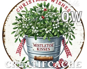 Round wood sign Farmhouse Christmas Mistletoe Kisses Wishes Circle Wreath Accent DIY Signs Xmas Crafts Home Decor Digital Printable PNG CU