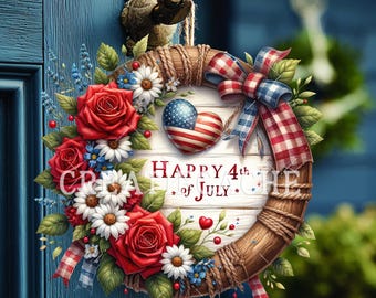 Farmhouse Round Patriotic Rose Wreath Door Hanger PNG Sublimation DIY Sign,