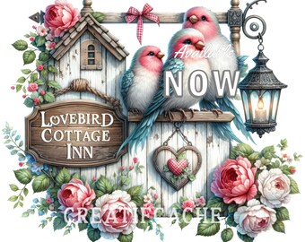 Lovebirds fantaisistes de la Saint-Valentin, roses shabby chic, impression à chaud par sublimation PNG imprimable
