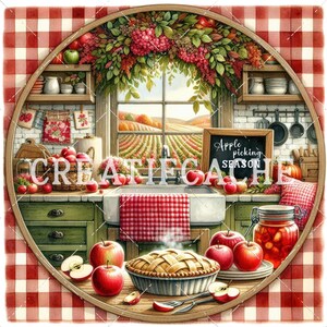 May include: A watercolour illustration of a kitchen scene with a window overlooking an apple orchard. A pie, apples, and a jar of preserves are on a wooden table. The text "Apple picking SEASON" is on a chalkboard.