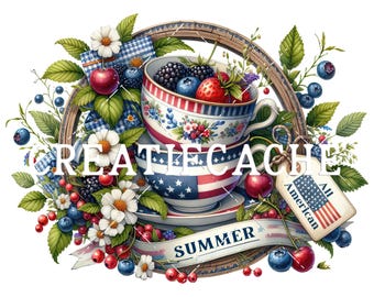 4th of July Berry Stacked Teacups, Flowering Berries, Fabric Transfer, Heat Press, Vinyl, Heat Press, Home Decor Printable, Patriotic Decor