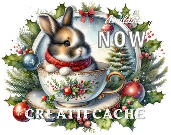 Christmas Bunny Teacup, Xmas Sublimation Design, Iron on Fabric, Fabric Transfer, Christmas Decor, DIY Crafts, PNG, Digital, Commercial Use