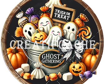 Round Door Hanger Halloween Cookie Bucket, Wreath Sign PNG, Round Decoration,  Digital Cute Halloween DIY  Sublimation, PNG, Wreath Accent