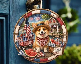 Decorazione per porta rotonda con ghirlanda patriottica di Corgi per il 4 luglio, formato PNG, stampabile a sublimazione.