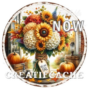 Farmhouse, Welcome Fall, Flowers, Pumpkins, wreath sign, Autumn wreath sign, wreath decor, round wreath , wreath accessory, PNG, sublimation
