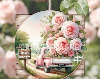 Mother's Day Round old fashioned Rose Delivery Truck, PNG sublimation, DIY Gift