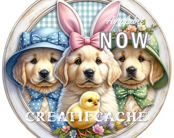 Easter Bunny Golden Retriever Round Design for Sublimation, PNG, Sign Making, Fabric Transfer, Ornaments, Wall Decor, Wreath Accent, DIY