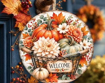 Round Welcome Fall  Sign PNG Sublimation Door Hanger, Flowers, Crafts, Farmhouse, Digital,