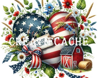 American Patriotic Fabric Heart, 4th of July PNG Sublimation, God Bless America, American Farmhouse Graphic, Digital, Fabric Transfer, Craft