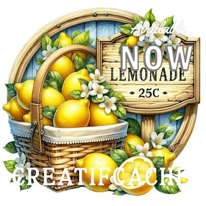 Lemonade Sublimation Circle Farmhouse Lemon Bucket Summer DIY Round Sign Making Wreath Accent Door Hanger Digital PNG 10 inch Kitchen Sign