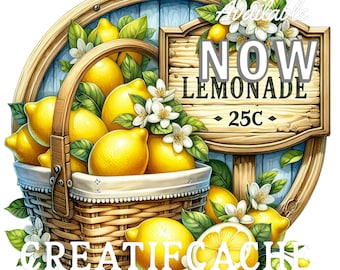 Lemonade Sublimation Circle Farmhouse Lemon Bucket Summer DIY Round Sign Making Wreath Accent Door Hanger Digital PNG 10 inch Kitchen Sign