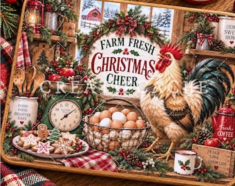 Christmas Farmhouse Rooster Sublimation Cutting Board Rustic Kitchen DIY Gift (Digital Download)
