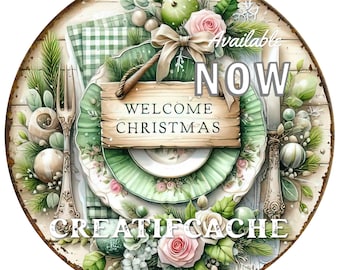 Round Welcome Christmas Table, Flowers, Shabby Chic, Sublimation, DIY Sign, Door Hanger, Digital, Wreath Accent, PNG, Xmas, Digital Print