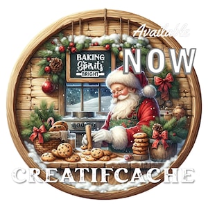 Puede incluir: Ilustración festiva de Papá Noel horneando galletas en una cocina acogedora. La imagen presenta un marco de madera con decoraciones navideñas, galletas y el texto "BAKING SPIRITS BRIGHT" y "AVAILABLE NOW". El logo "CREATIFCACHE" también es visible.