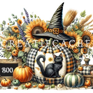 May include: A watercolor illustration featuring a black cat on a plaid pumpkin, surrounded by sunflowers, pumpkins, and a witch's hat. A small chalkboard displays the number "300". The image has a fall or Halloween theme.