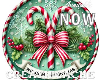 Christmas Candy Cane Sublimation DIY Sign, Door Hanger, Digital, Fabric Transfer, Wreath Accent, Round Wreath Sign, PNG, Xmas, Digital Print