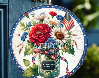 4th of July Door Hanger Patriotic Mason Jar Flowers Round PNG DIY Signs, Sublimation