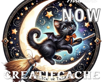 Halloween Black Cat Broomstick Circle Sublimation DIY Sign Home Decor Doorhanger Digital Print Wreath Attachment Gift Idea PNG