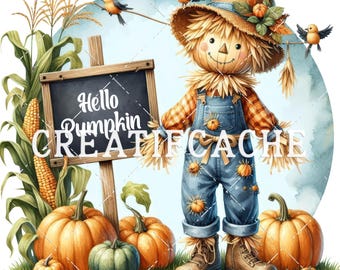 Hello Pumpkin Cute Scarecrow Round PNG Sublimation DIY Fall Crafts Signs Fabric Transfer Round Cutting Board Digital Add your own text CU