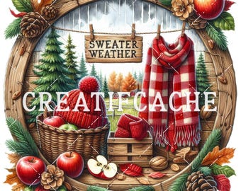 Sweater weather Round PNG Sublimation Door Hanger Cozy Fall Decor DIY Signs Image Transfer Autumn Digital Print Door Hanger Commercial Use