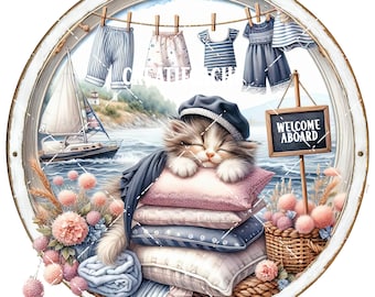 Whimsical Kitten Nautical Round PNG Transfer Summer Sublimation Welcome Aboard Cute Summer Digital Captain Cap Sailboat DIY Signs Gift Idea