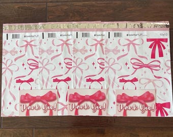 50 Pack - Beautiful Pink Bows 10x13&quot; Poly Mailers & 4x6&quot; Matching Insert Cards! Non-Padded, Self-Seal Adhesive Bags! USPS/UPS/Fedex Approved