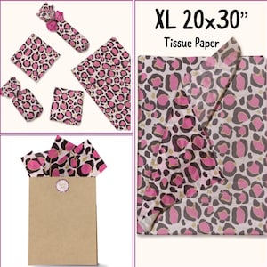 May include: XL 20x30 inch tissue paper with a pink and black leopard print. The image shows various folded and unfolded sheets of tissue paper, along with a brown paper bag filled with the tissue paper.