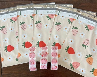 50 Pack - 10x13&quot; Juicy Strawberry Designer Poly Mailers/Stickers Mix, 25 Each! Non-Padded, Self-Seal Adhesive Bags! USPS/UPS/Fedex Approved!