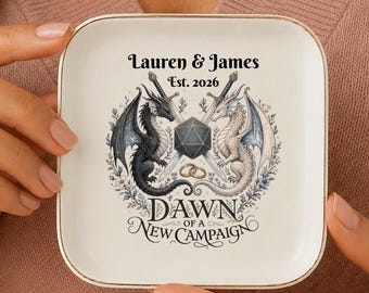 Personalized Wedding Jewelry Dish Nerdy Couple Wedding Gift Fantasy Bride Gift TTRPG Custom Anniversary Trinket Tray D20 Dragon Gift for Cou