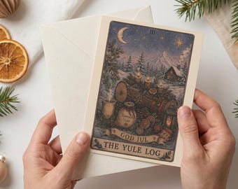 Yule Log Christmas Cards Personalized Winter Solstice Card Yule Greeting Pagan Holiday Folklore Alternative Christmas Cozy Winter Card Set