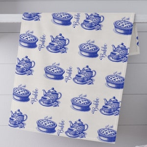 Bubbe Tea Kitchen Towel Blue And White Vintage Dishtowel Tea Towel Tea Lover Gift Kitchendecor Bubbie Tea and Pie Hostess Gift Housewarming