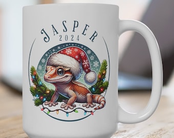 Taza de café personalizada con diseño de gecko crestado, taza personalizada con diseño de lagarto, lindo gecko, divertida taza navideña de 15 oz, taza para mamá lagarto, taza para papá reptil