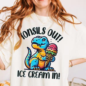 Tonsils Out Ice Cream In Dinosaur Heavy Cotton Unisex TShirt Tonsil Removal Tee Womans Funny Dino Mens Post-Tonsillectomy Recovery Surgery