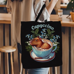Capy-ccino Capybara Coffee Lover Gift Canvas Tote Bag Capybara Tote Totebag Wildflower Tote Bag Bouquet Funny Capybara in a Cappuccino Mug