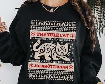 Yule Cat Ugly Christmas Sweater Icelandic Folk Lore Jolakotturinn Sweatshirt Scandinavian Cryptid Crewneck Iceland Creepmas Folk Horror goth