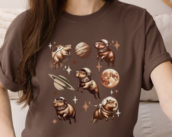 Capybara In Space Retro Shirt Funny Galaxy Graphic Capybara Shirt Moon 90s Shirt Vintage Animal Gag Unisex Tee Capybara Lovers Gifts