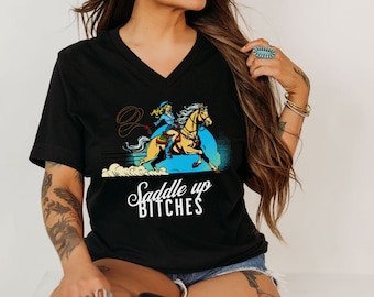 Saddle Up Bitches Short Sleeve V-Neck Tee Vintage Cowgirl Pin Up TShirt Country Girl Shirt Western Oversized T-Shirt Retro Western Rodeo