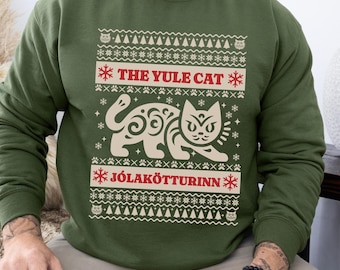 Yule Cat Ugly Christmas Sweater Icelandic Folk Lore Jolakotturinn Sweatshirt Scandinavian Cryptid Crewneck Iceland Creepmas Folk Horror goth