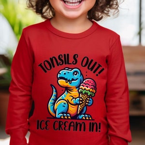 Tonsils Out Ice Cream In Dinosaur Cotton Toddler Long Sleeve shirt Kids Tonsil Removal Tee Children&#39;s Funny Dino Post-Tonsillectomy Recovery