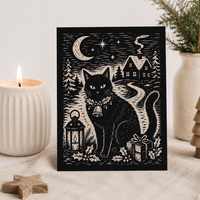 May include: A black and white greeting card featuring a linocut-style illustration of a black cat wearing a bell collar, sitting beside a lantern and a gift box in front of a house, pine trees, a crescent moon, and stars in the night sky.
