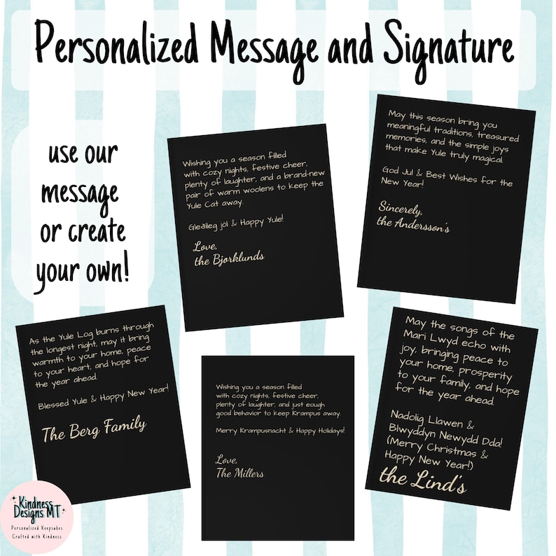 May include: Five black rectangular cards featuring white printed holiday messages and signatures. The text reads Personalized Message and Signature, use our message or create your own, and includes various festive greetings and family names.