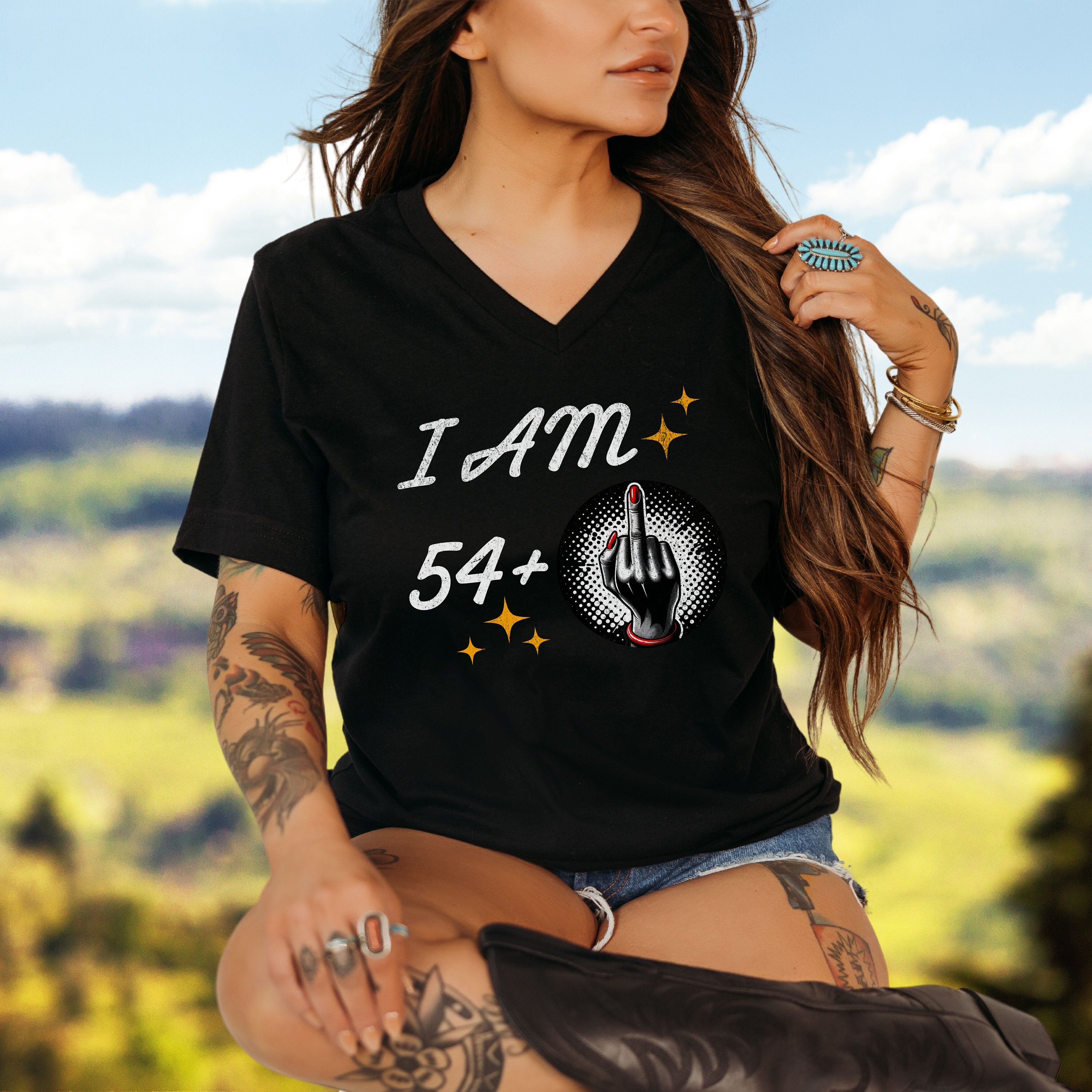 54 Plus 55th Birthday Middle Finger VNeck Shirt Birthday Funny Birthday Gift I Am 54 Plus V-Neck 54+ Birthday Birthday Group Shirt Bulk