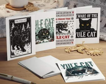 Yule Cat Multi-Design Christmas Cards 5-Pack Gothic Holiday Set Icelandic Folklore Art Winter Solstice Greeting Cards Fantasy Monster Gift