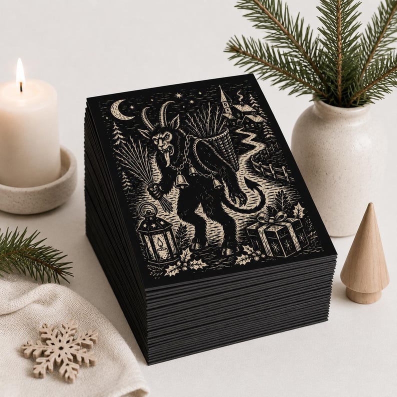May include: A stack of rectangular cards featuring a black and white illustration of Krampus. The creature has horns, a tail, and bells, carrying a basket and a bundle of sticks. The scene includes a lantern, a gift box, and a village in the background.