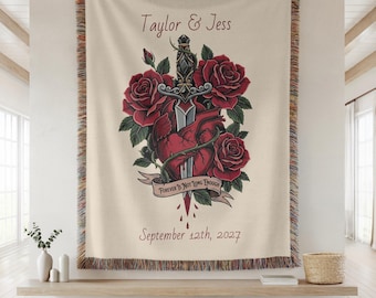 Personalized Wedding Blanket Custom Couple Gift Heart and Dagger Woven Blanket 2nd Anniversary Cotton Gift Gothic Wedding Gift for Newlyweds
