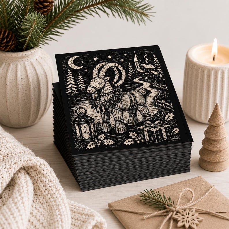 May include: A stack of square greeting cards featuring a black and white linocut-style illustration of a straw goat adorned with a wreath, standing near a lantern, a gift box, and a winter village scene under a crescent moon and stars.