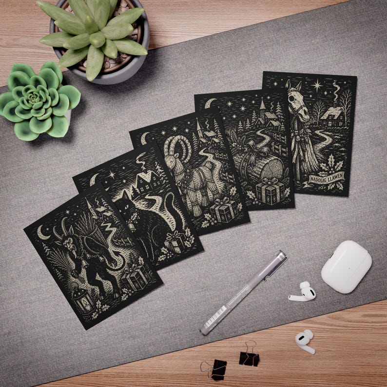 Yule Greeting Card Set Nordic Christmas Cards Krampus Mari Lwyd Yule Cat Yule Goat Hygge Holiday Cards Personalized Multi-Design image 2